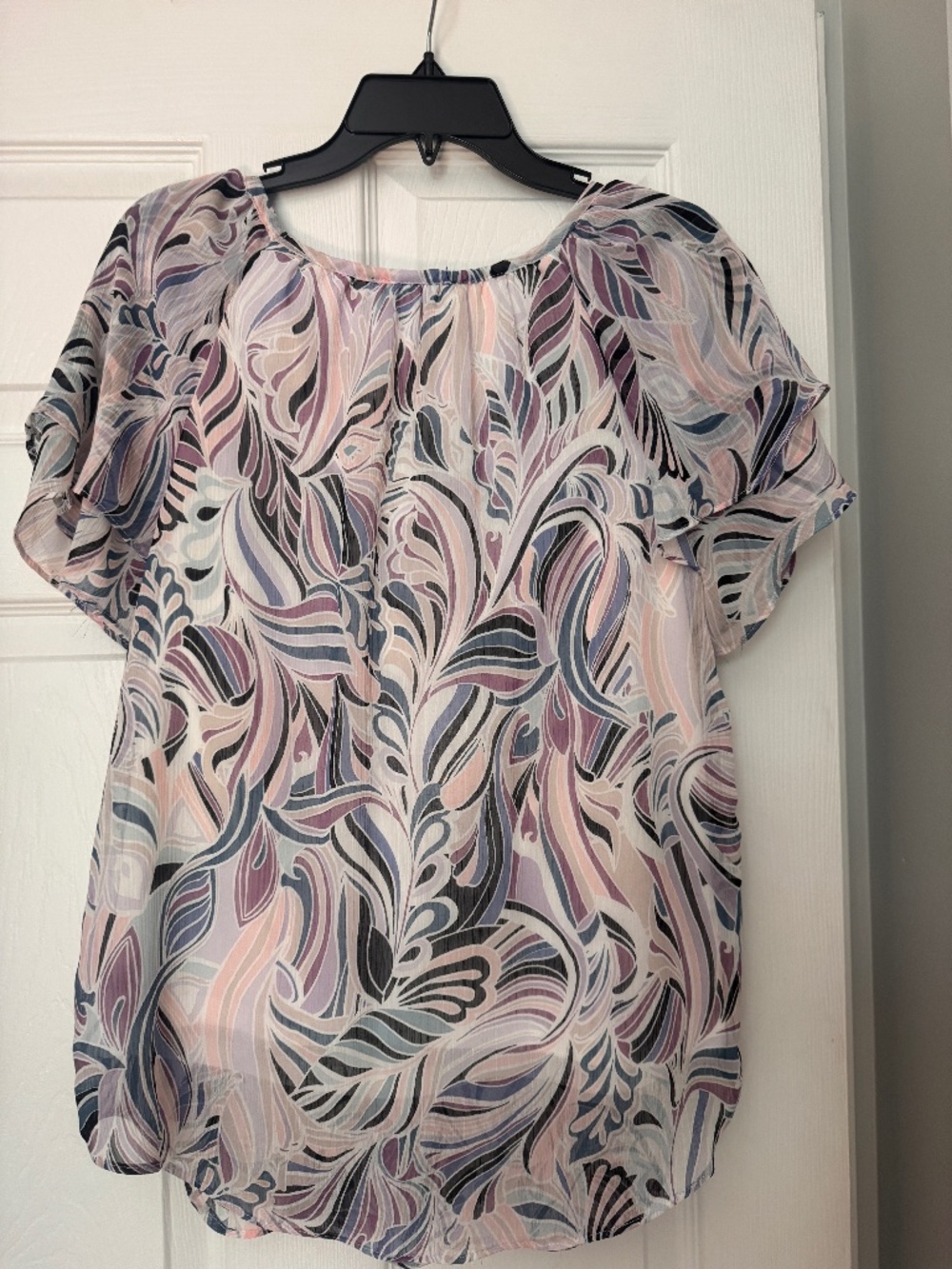 AGB Medium Layered Chiffon Blouse Pink Purple Gray Print